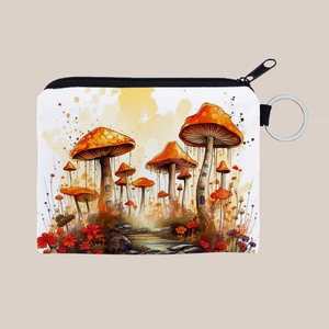 Detail of colorful mushroom printed coin purse with silver metal keychain and zipper
