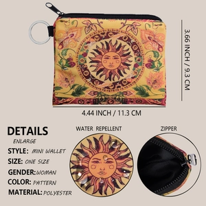Bohemian sunflower print mini coin purse with key ring and waterproof fabric detail