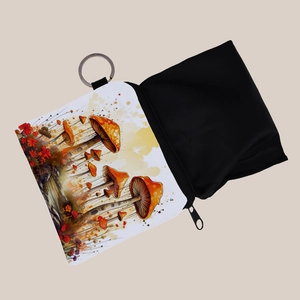 Portable square coin purse with colorful mushroom art print and metal keychain ring
