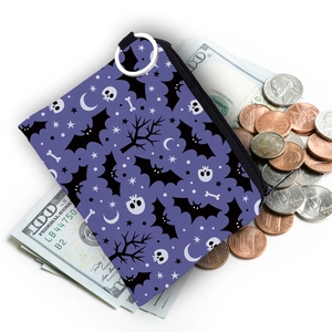 Halloween bat and skull print coin purse with keychain in purple polyester
