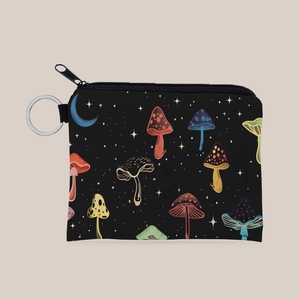 Mushroom Print Mini Coin Purse Portable Keychain Pouch Colorful Forest Pattern Zipper Small Wallet For Women Girls Gift