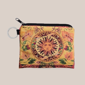 Bohemian Sun Totem Printed Polyester Coin Purse Mini Zippered Storage Pouch With Keychain For Women Girls Daily Travel Gift