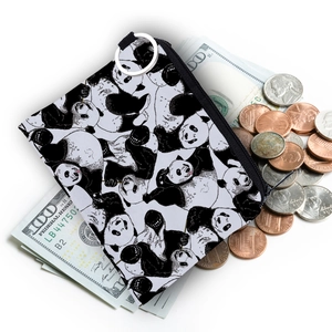 Portable panda print coin purse with zipper and metal ring keychain for women