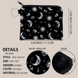 Mini celestial print coin purse with sun and moon patterns in water repellent polyester