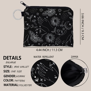 Bohemian print mini coin purse with mystical moth patterns and waterproof fabric detail
