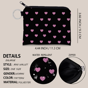 Water-repellent polyester mini wallet with pink heart pattern and metal keychain