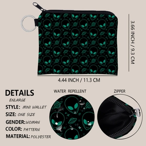 Alien print mini polyester wallet with keychain and water repellent fabric detail
