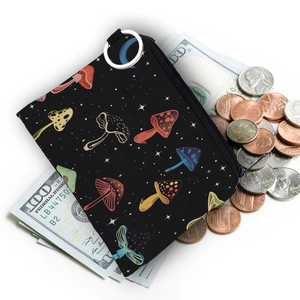 Portable black canvas coin purse with colorful mushroom print and silver metal ring