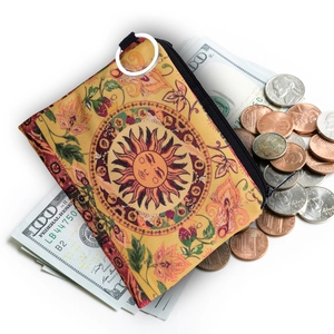 Portable floral coin purse with vintage sun print, canvas wallet for keys and money