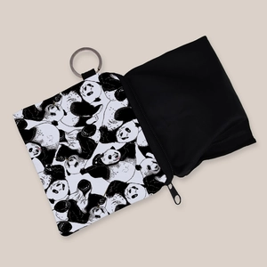 Square fabric coin purse with panda print and metal keychain ring for women