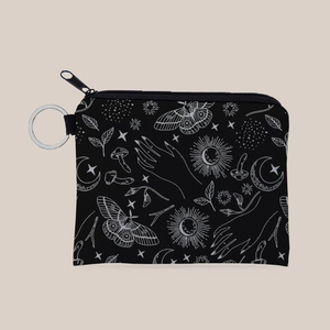 Bohemian coin purse with sun and moon prints featuring a metal keychain hook for girls