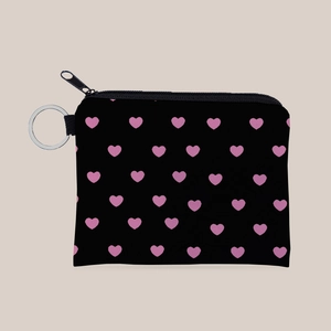 Portable Heart Printed Polyester Mini Coin Purse With Keychain Ring Water Repellent Small Zipper Pouch For Women Girls Daily Use