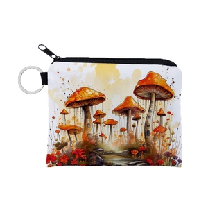 Portable canvas coin purse with orange mushroom print and silver keychain ring