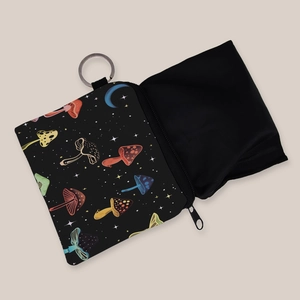 Portable black mushroom print coin purse and foldable tote bag set with silver keychain hook