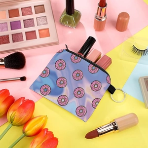 Portable donut print coin purse with zipper and keychain in marble purple design