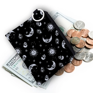 Portable sun and moon printed coin purse with metal keychain and gothic sun pattern