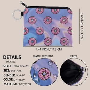Detail showing donut print mini wallet with metal keychain and water-resistant fabric