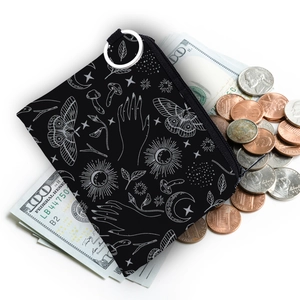 Bohemian canvas coin purse with mystic moon sun moth print and metallic keychain loop
