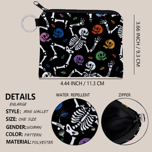 Mini-Münzbörse aus Polyester mit Totenkopfmuster, Reißverschluss und Schlüsselring