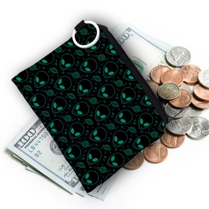 Portable alien print coin purse with silver keychain ring and zipper closure for storage