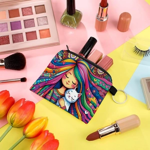 Artistic girl and cat print coin purse with keychain and zipper on a colorful vanity desk