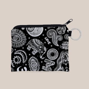 Detail of bohemian elephant canvas coin purse with mandala prints and silver key ring
