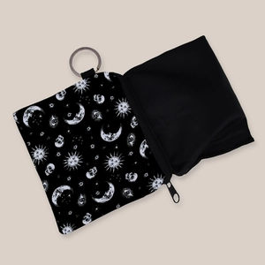 Star and moon print coin purse with keychain, mystic pattern fabric storage bag for women