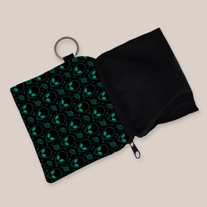 Portable square alien print coin purse with UFO patterns and a metal keychain ring