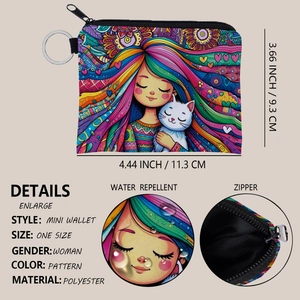 Mini polyester coin purse with girl and cat print featuring waterproof fabric and zipper