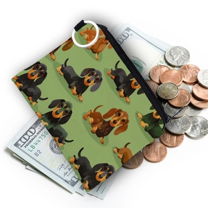 Porte-monnaie motif teckel vert avec porte-clés et accents de billets de banque