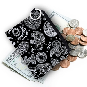 Bohemian elephant print coin purse with keychain and zipper in black and white pattern