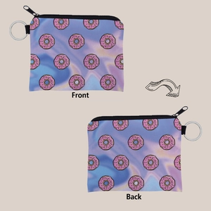 Front and back view of a portable donut print coin purse with zipper and metal keychain