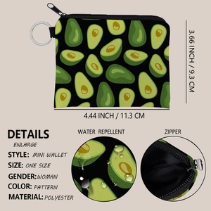Waterproof polyester mini wallet with avocado print, key ring, and zipper closure