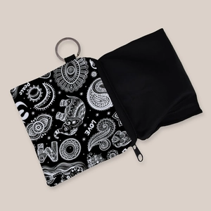 Bohemian coin purse with elephant mandala print, peace love text, and key ring attachment