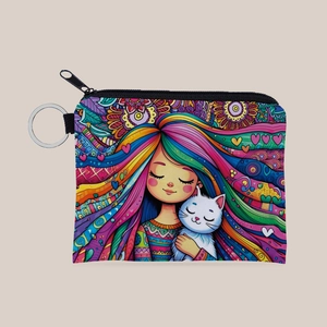 Women Mini Coin Purse Polyester Wallet With Girl And Cat Print Keychain Zipper Small Storage Bag For Daily Use