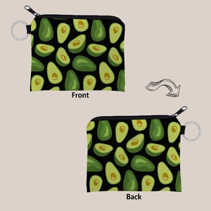 Front and back views of avocado print coin purse with zipper and metal keychain ring