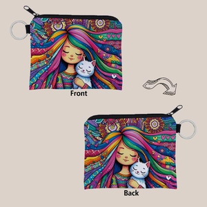 Front and back detail of a small girl and cat print coin purse with a keychain