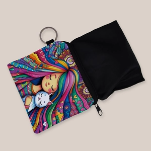Artistic fabric coin purse with girl and cat print plus portable metal keychain