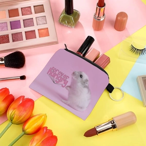 Pink fabric hamster print coin purse and makeup bag with zipper and silver keychain ring