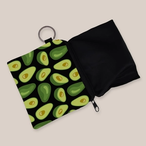 Portable fabric coin purse with cartoon avocado print and silver keychain ring zip