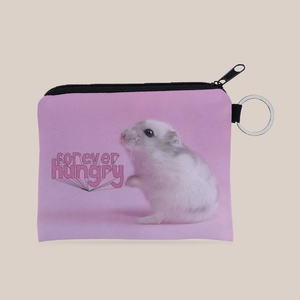 Pink canvas coin purse detail with hamster print and metal keychain attachment