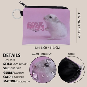 Detailed size 11.3x9.3cm view of water repellent polyester hamster coin purse