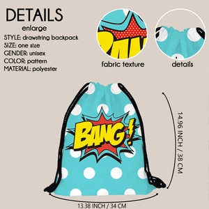 Blue drawstring backpack with white dots and yellow BANG! pop art print for travel