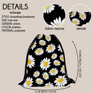 Unisex drawstring backpack with white daisy pattern on black polyester fabric