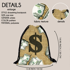 Zaino unisex con coulisse in poliestere con stampa dollaro e trama in lino