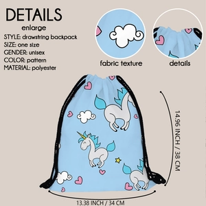 Blue unicorn print drawstring backpack for women made of durable polyester material