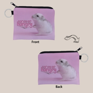 Detailed front and back views of a pink canvas hamster coin purse with a key ring