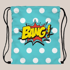 Blue drawstring backpack with white polka dots and a vibrant comic style Bang print