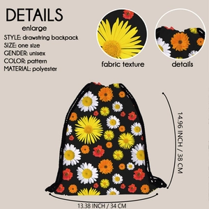 Sunflower drawstring backpack with polyester material and floral daisy print 34x38cm