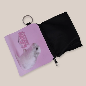 Pink hamster print coin purse with forever hungry text and silver keychain ring